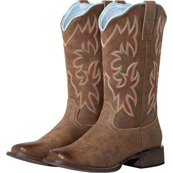 J's.o.l.e Women Brown Cowboy Boot Square Mid Calf Pull On Fashion Embroidered - Picture 1 of 9